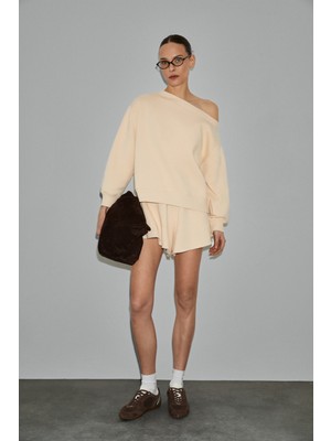 Grimelange Punnuet Kadın Organik Pamuklu Kayık Yaka Beli Lastikli Çift Cepli Relaxed Bej Alt-Üst Takım