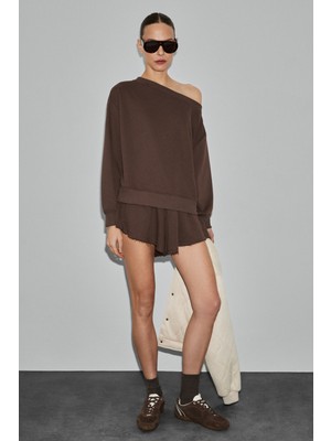 Grimelange Punnuet Kadın Organik Pamuklu Kayık Yaka Beli Lastikli Çift Cepli Relaxed Acı Kahve Alt-Üst Takım