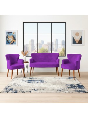 Azra Mobilya Roma Çay Seti Koltuk Takımı | Babyface Kumaş | 2 Berjer + 1 Ikili Koltuk | Ahşap Ayaklı | Mor