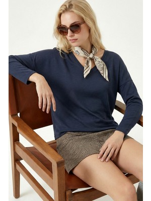 Happiness İstanbul Ön Arka V Yaka Modal Bluz LBY0032 Füme