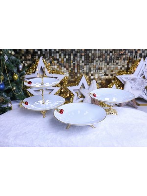 Elta Collection 3 Parça Metal Ayaklı Porselen Pasta Sunumluk Kurabiyelik Şekerlik Set