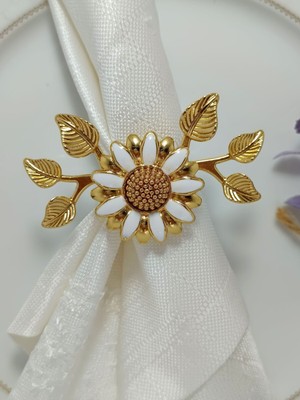 Elta Collection 6'lı  Gold Kaplama Beyaz Mineli Yapraklı  Papatya Halka Peçete Yüzüğü