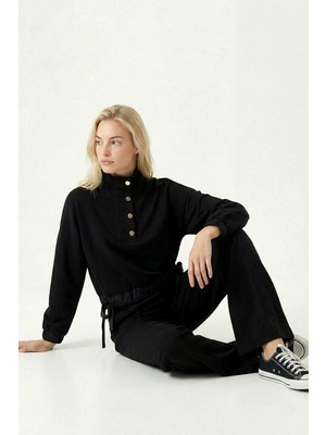 Happiness İstanbul Dik Yaka Paraşüt Garnili Modal Takım LBY0039 Siyah