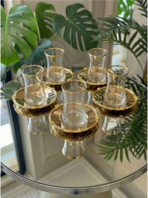 Elta Collection 12 Parça 6 Kişilik Gold Metal Çerçeveli Çay Seti – 6 Bardak 6 Metal Tabak – Lüks Sunum