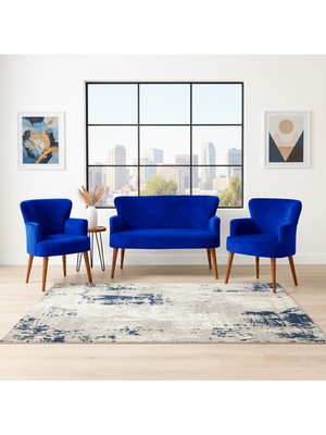 Azra Mobilya Roma Çay Seti Koltuk Takımı | Babyface Kumaş | 2 Berjer + 1 Ikili Koltuk | Ahşap Ayaklı | Saks Mavi