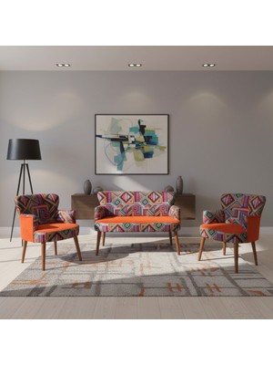 Azra Mobilya Roma Çay Seti Koltuk Takımı – Babyface Kumaş | Karışık Desen | Ceviz Ayak | Turuncu