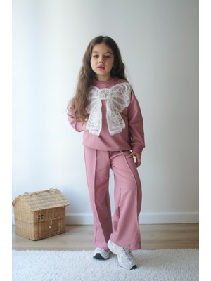 Sacro Kids Fiyonklu Işlemeli 2 Iplik Sweatshirt-Eşofman Altı Mevsimlik Kız Çocuk Takım