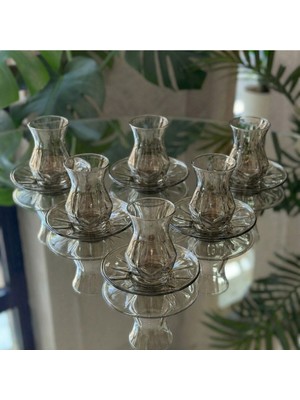 Elta Collection 6 Kişilik Füme Cam Çay Seti – Modern Tasarım Çay Bardağı ve Çay Tabağı Takımı