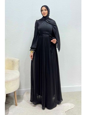 Tesettür Diyarı Siora Kuşaklı Janjan Kumaş Tesettür Abiye- Siyah