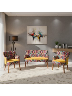 Azra Mobilya Roma Çay Seti Koltuk Takımı – Babyface Kumaş | Karışık Desen | Ceviz Ayak | Sarı