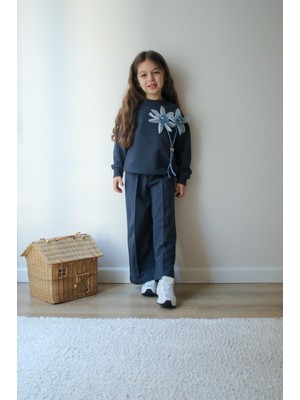 Sacro Kids Papatya Işlemeli 2 Iplik Sweatshirt-Eşofman Altı Mevsimlik Kız Çocuk Takım