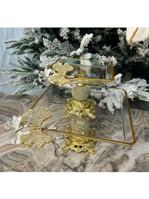 Elta Collection Paşabahçe 2 Li Kelebekli Elmas Kare Döküm Ayaklı Pasta Sunumluk Kurabiyelik