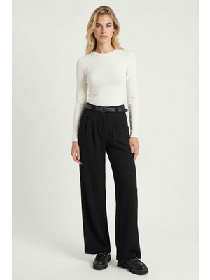 Happiness İstanbul Kemerli Geniş Paça Esnek Örme Pantolon LZV0045 Siyah