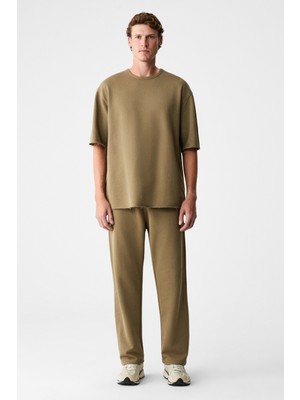 Grimelange Easy Erkek Pamuklu Bisiklet Yaka Beli Lastikli Kordonlu Çift Cepli Regular Haki Alt-Üst Takım