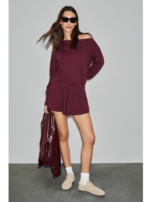 Grimelange Punnuet Kadın Organik Pamuklu Kayık Yaka Beli Lastikli Çift Cepli Relaxed Bordo Alt-Üst Takım