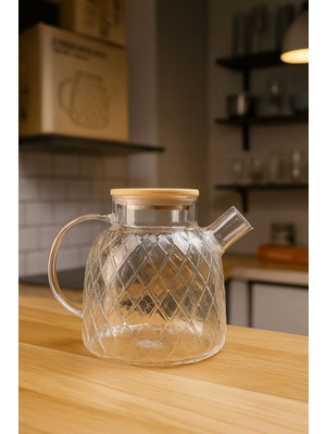 Elta Collection Bambu Kapaklı Cam Sürahi & Çaydanlık & Yağlık | Çok Amaçlı Isıya Dayanıklı Cam Demlik