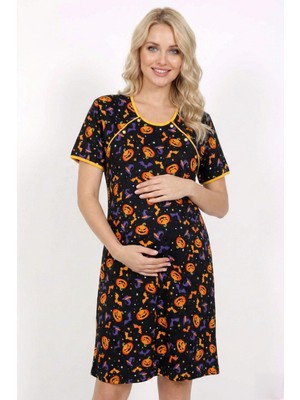 Cotonhause Kadın Emzirme Kolaylıklı Lohusa Hamile Gecelik – Halloween Desenli COT117214