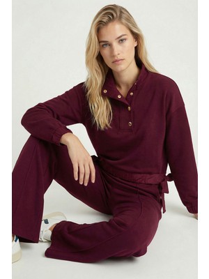 Happiness İstanbul Dik Yaka Paraşüt Garnili Modal Takım LBY0039 Mürdüm