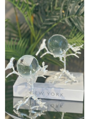 Elta Collection Gümüs Kuş Figürlü Şeffaf Kristal Küre Dekoratif Aksesuar