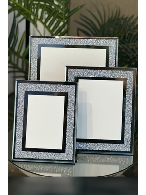 Elta Collection Lüks Gümüş Taşlı Cam Fotoğraf Çerçevesi 3’lü Set (10X15 – 13X18 – 20X25 Cm)