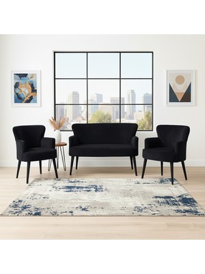 Azra Mobilya Roma Çay Seti Koltuk Takımı | Babyface Kumaş | 2 Berjer + 1 Ikili Koltuk | Ahşap Ayaklı | Siyah