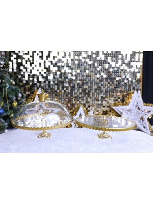 Elta Collection 2 Li Paşabahçe Metal Ayaklı Yaldızlı Kek Fanus ve Pasta Standı Sunumluk