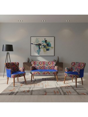 Azra Mobilya Roma Çay Seti Koltuk Takımı – Babyface Kumaş | Karışık Desen | Ceviz Ayak | Saks Mavi