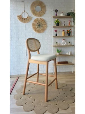 Silla Concept Oslo Bar Sandalyesi Teddy Krem Kumaş Hasırlı Naturel Ahşap Ada Sandalye