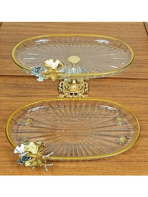 Elta Collection 2 Li Paşabahçe Kristal Metal Ayaklı Gold Yaldızlı Oval Düz Pasta Sunumluk Kurabiyelik