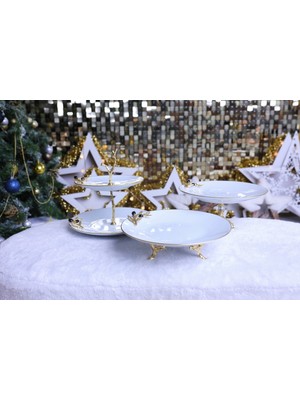 Elta Collection 3 Parça Metal Ayaklı Porselen Pasta Sunumluk Kurabiyelik Şekerlik Set