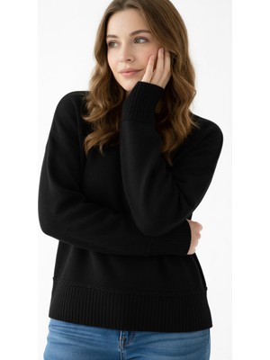 Wearified Kadın Triko Yumuşacık Oversize Bisiklet Yaka Ribana Saç Örgü Detaylı Homy Kazak