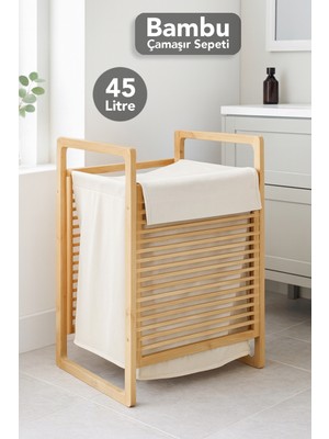 Meleni Home 45 Lt Bambu Çamaşır Sepeti - Dekoratif Natural Yıkanabilir Iç Hazneli Kirli Çamaşır Sepeti