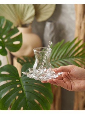 Elta Collection 18 Parça Kristal Çay Seti – Kristal Tabak ve Kaşıklı Ince Belli 6 Kişilik Şık Çay Takımı