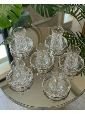 Elta Collection 12 Parça 6 Kişilik Kristal Kesim Çay Takımı – Cam Çay Bardağı ve Tabak Seti