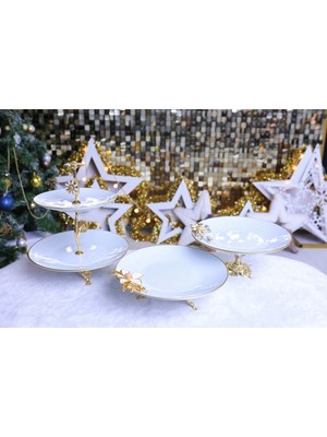 Elta Collection 3 Parça Metal Ayaklı Porselen Pasta Sunumluk Kurabiyelik Şekerlik Set