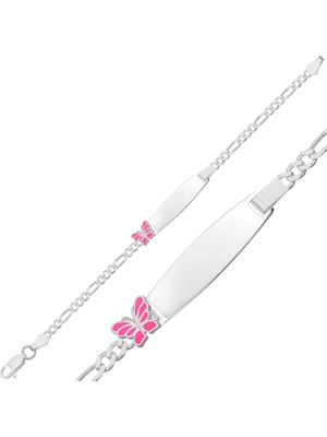 Kişiye Özel Pembe Kelebek Figürlü Gümüş Çocuk Künyesi