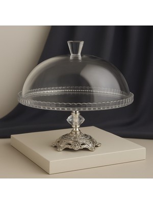 Elta Collection Gümüş Metal Ayaklı Cam Kapaklı Kek - Pasta Stantı Fanus 95198