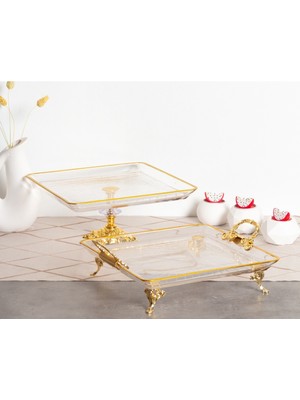 Elta Collection 2 Li Paşabahçe Kristal Metal Ayaklı Yaldızlı Kare Pasta Sunumluk Kurabiyelik