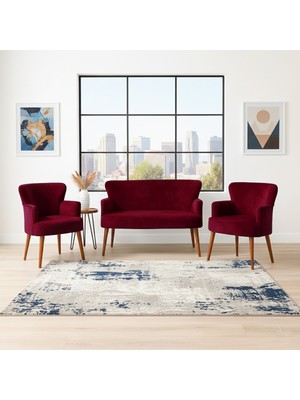 Azra Mobilya Roma Çay Seti Koltuk Takımı | Babyface Kumaş | 2 Berjer + 1 Ikili Koltuk | Ahşap Ayaklı | Bordo