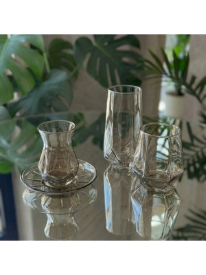 Elta Collection 18 Parça Füme Cam Bardak Seti – 6 Çay Bardağı + 6 Uzun Su Bardağı + 6 Kısa Su Bardağı