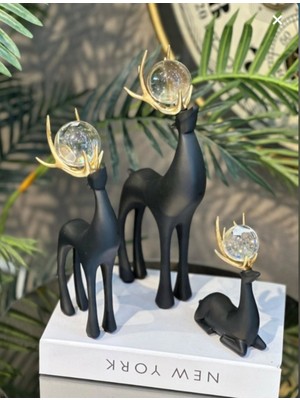 Elta Collection Dekoratif Siyah Geyik Biblo 3’lü Set Gold Boynuzlu Kristal Toplu Ev Aksesuarı