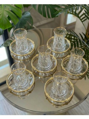 Elta Collection 12 Parça 6 Kişilik Kristal Kesim Çay Takımı – Cam Çay Bardağı ve Tabak Seti