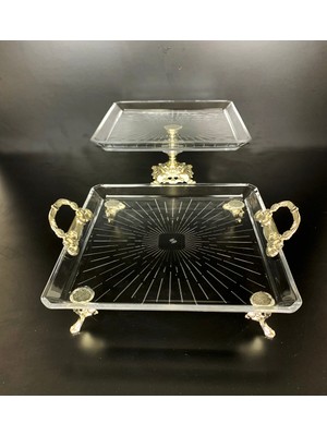 Elta Collection 2 Li Paşabahçe Kristal Gümüş Metal Ayaklı Yaldızlı Kare Pasta Sunumluk Kurabiyelik