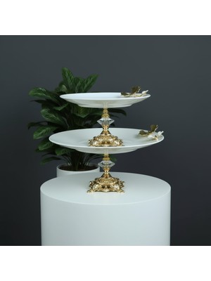 Elta Collection 2 Adet Metal Ayaklı Kelebekli Porselen Sunumluk Kurabiyelik Servis Tabağı