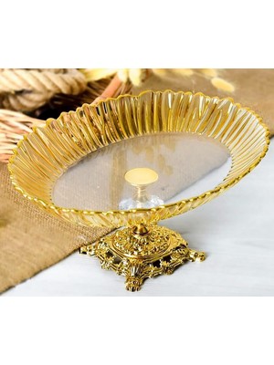 Elta Collection Aurora Oval Gold Ayaklı Cam Servis Tabağı Sunumluk | 25 × 35 cm Ayaklı Tabak