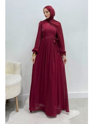 Tesettür Diyarı Siora Kuşaklı Janjan Kumaş Tesettür Abiye- Bordo