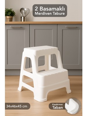 Meleni Home Büyük Boy 2 Basamaklı Merdiven Tabure - Kaydırmaz Tabanlı Çok Amaçlı Basamak Tabure Beyaz