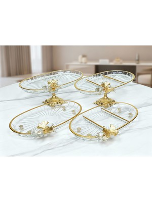 Elta Collection Yeni Seri 4 Parça Paşabahçe Gold Yaldızlı Metal Ayaklı Sunum Seti Kurabiyelik Hediyelik