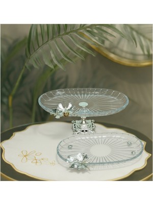 Elta Collection 2 Li Paşabahçe Kristal Metal Ayaklı Gümüş Oval Düz Pasta Sunumluk Kurabiyelik