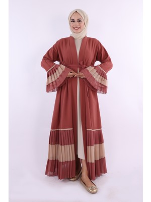 Bym Fashion Kol ve Etek Ucu İki Renkli Bel Kuşaklı Piliseli Abaya 7454 Gül Kurusu